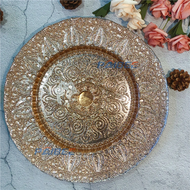 13 Inch Golden Color Luxury Glass Charger Plates Turkish Gold Charger Plate for Table Decoration
