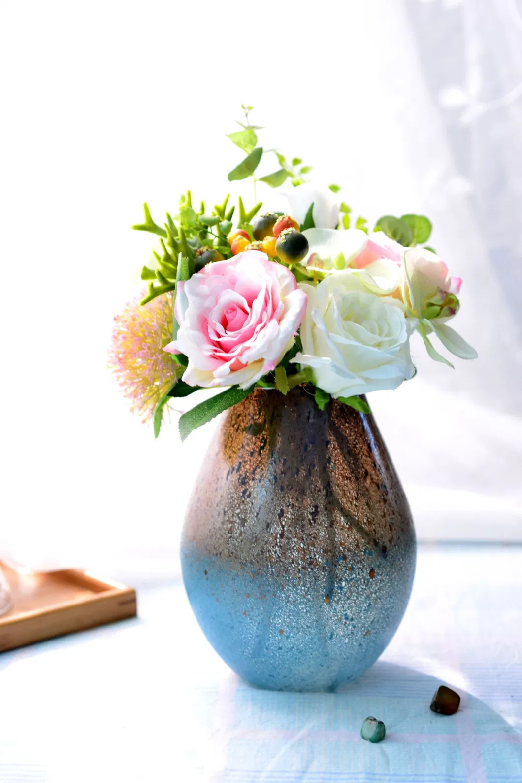 Home Decoration Simple Mosaic Glass Flower Arts and Crafts Colored Blue Round Small Glass Vase