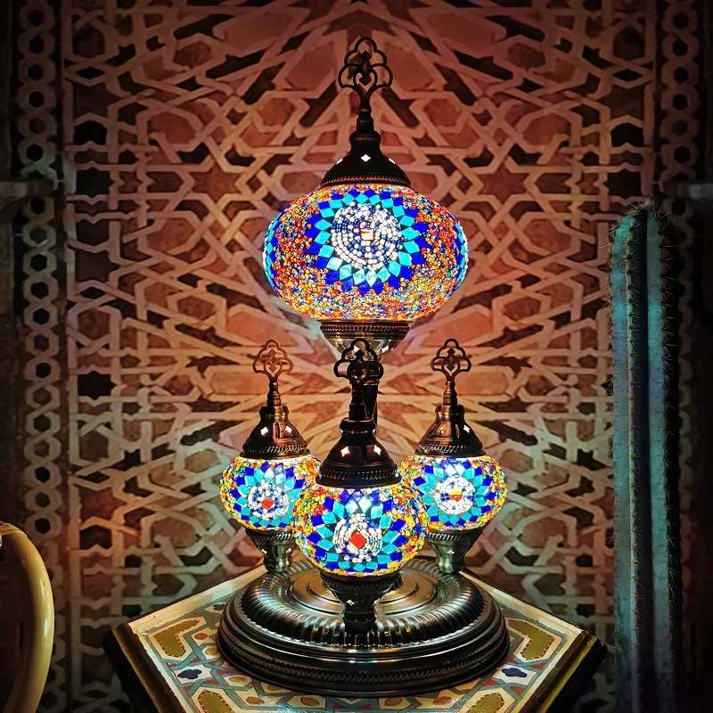 Turkish Restaurant Glass Table Lamp with Brozne Metal Base Colorful Handmade Desktop Lamp (WH-VTB-20)